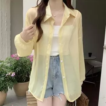 Повседневная свободная прозрачная блузка, женская мода, однотонные топы 16 цветов, летняя тонкая солнцезащитная рубашка с отложным воротником, одежда 26469 One Size абрикосовый