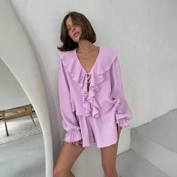 Повседневная свободная розовая одежда, элегантная однотонная блузка с оборками, женская летняя рубашка с длинным рукавом и пуговицами из шифона S розовый