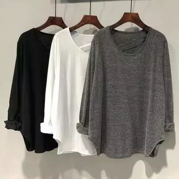 Повседневная свободная рубашка с длинным рукавом для женщин, U-образный вырез, свободная талия, длинная футболка с нерегулярным подолом, летняя дышащая легкая пуловер для отдыха, плюс топы M серый