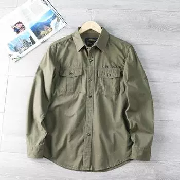 Повседневная свободная рубашка с длинными рукавами, весна и осень, новый большой размер, однотонная зеленая рабочая рубашка, мужская куртка M