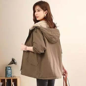 Повседневная свободная теплая куртка женское зимнее пальто с капюшоном и утолщенной флисовой подкладкой M
