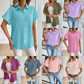 Повседневная свободная удобная однотонная рубашка женская повседневная рубашка с коротким рукавом в наличии XS озеро синий
