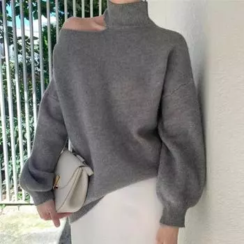 Повседневная свободная верхняя одежда, вязаные топы, осенне-зимняя модная сексуальная водолазка с открытыми плечами, свитер, пуловеры, женская однотонная одежда 28353 One Size верблюд