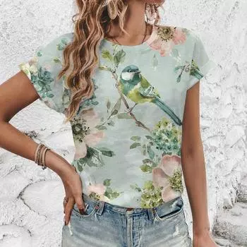 Повседневная свободная женская футболка с круглым вырезом и 3D-принтом, уличная мода, высококачественный женский свободный топ, простой винтажный узор с цветами и птицами S