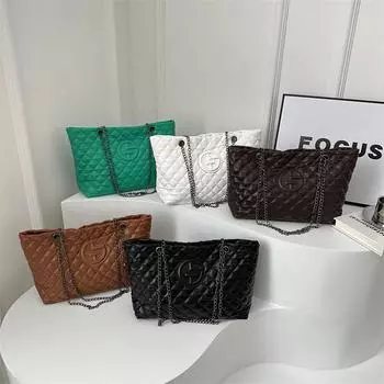 Повседневная Текстура Бриллиант Год Моды Тенденция Большая Вместимость Цепи Плечо Сумка-тоут Женщина коричневый