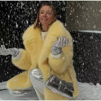 Повседневная толстая пушистая искусственная шуба женская зимняя теплая однотонная отложной воротник открытая куртка женская элегантная шикарная свободная уличная верхняя одежда S жёлтый