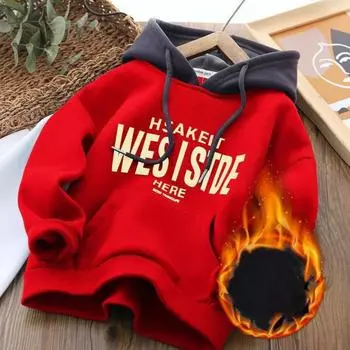 Повседневная толстовка для детей, теплые утолщенные топы, толстовки с капюшоном для мальчиков, спортивный костюм с рисунком для детей 100cm красный