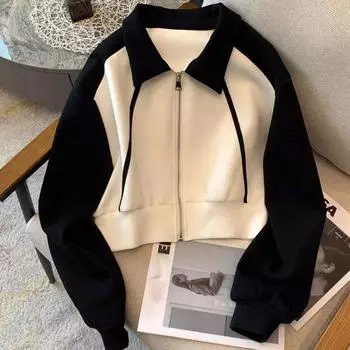 Повседневная толстовка кардиган куртка осеннее платье женская ретро мода снижение возраста контрастный длинный рукав топ прилив S белый