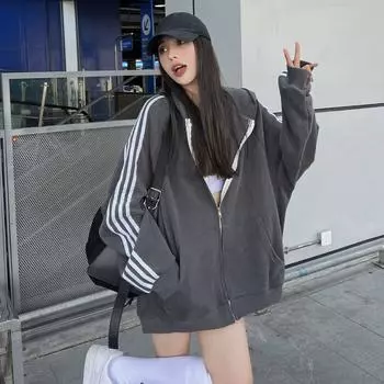 Повседневная толстовка на молнии, женская толстовка, осенняя толстовка в стиле Харадзюку, свободная полоска по бокам, лоскутная толстовка с длинным рукавом, школьный серый кардиган M серый