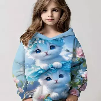 Повседневная толстовка с капюшоном для девочек с 3D-принтом и милыми котами - полиэстеровая смесь, слегка эластичная, с рисунком животных, с длинными рукавами и капюшоном для детей 100