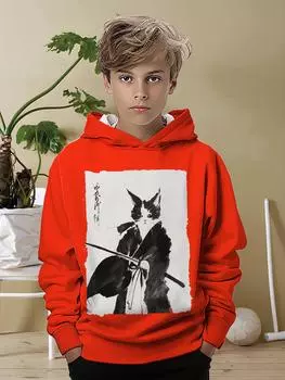 Повседневная толстовка с капюшоном для мальчиков, 3D-принт с изображением кота-самурая в стиле Харадзюку, спортивный стиль, индивидуальный уличный принт, повседневная повседневная толстовка с капюшоном 100