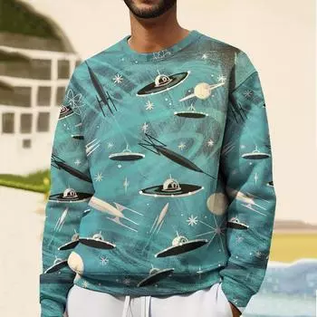 Повседневная толстовка с капюшоном для мужчин, 3D-принт «Ракета», космический корабль, топы с длинными рукавами, свободный свитер с круглым вырезом, уличная мужская толстовка S