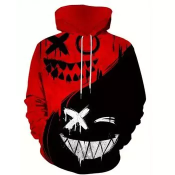 Повседневная толстовка с капюшоном Monster Faces весна-осень с уникальным графическим дизайном, уютный пуловер с капюшоном и просторным карманом-кенгуру S чёрный