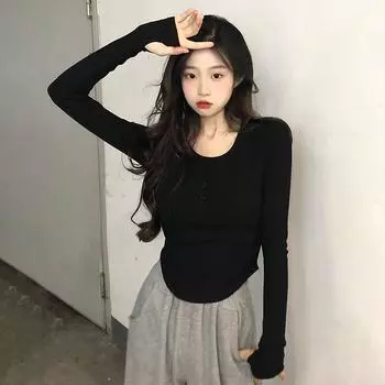 Повседневная тонкая универсальная внутренняя одежда, однотонная рубашка с пуговицами и U-образным вырезом, нижняя рубашка с длинными рукавами, топ XL