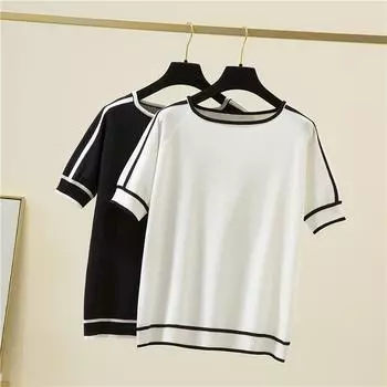 Повседневная тонкая вязаная футболка, летние топы с короткими рукавами, элегантная женская одежда, модная полосатая футболка XS белый