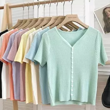 Повседневная трикотажная футболка с коротким рукавом, женские тонкие свободные футболки из ледяного шелка, офисные женские футболки, летние тонкие укороченные топы на пуговицах с v-образным вырезом 27223 One Size абрикосовый