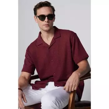 Повседневная трикотажная рубашка с коротким рукавом и открытым воротником Relax Fit, летняя бордовая мужская рубашка