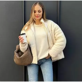 Повседневная трикотажная женская зимняя куртка, модное женское пальто с высоким воротом и молнией, с длинными рукавами, теплое новое однотонное женское пригородное пальто S белый