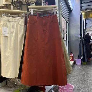 Повседневная юбка из хлопка с карманами, женская осенняя новинка с высокой талией, юбка А-образного силуэта, средняя и длинная узкая юбка-трапеция One size