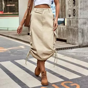 Повседневная юбка средней длины со шнуровкой-карго S чёрный