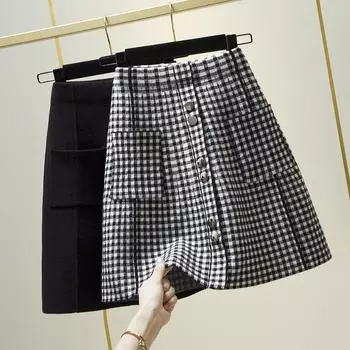 Повседневная юбка женская 2022 Высокая талия Клетчатая юбка A-line Пуговица Карман Осень Зима Свободный Вязание Средней длины Свитер