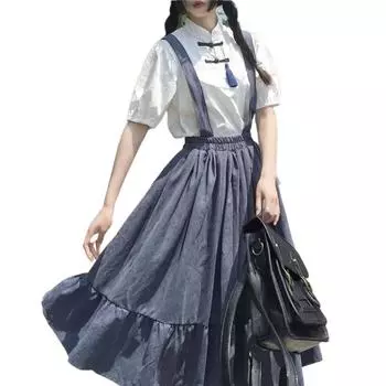 Повседневная юбка Женские юбки в стиле преппи Длинная юбка с ремешками Оборки Свободные милые студенческие юбки XL чёрный