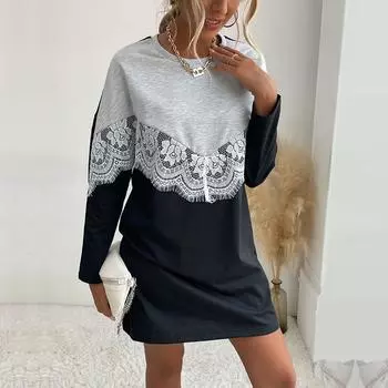 Повседневная удобная и универсальная одежда с круглым вырезом, свитер с цветочным кружевом, платья-толстовки S светло-серый