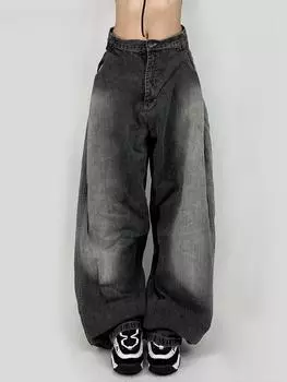 Повседневная уличная одежда Базовые свободные джинсы с высокой талией Плиссированные джинсовые брюки Широкие брюки для женщин Модные женские брюки S серый