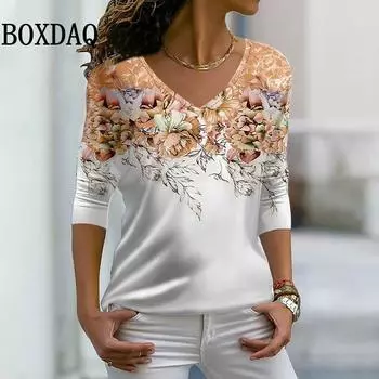 Повседневная уличная винтажная футболка с длинными рукавами, новые весенне-осенние женские новые топы с v-образным вырезом и цветочным принтом, футболки оверсайз S
