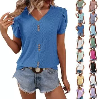 Повседневная универсальная однотонная кружевная футболка с v-образным вырезом и короткими рукавами