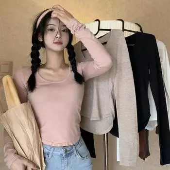 Повседневная универсальная внутренняя одежда. Простой однотонный нерегулярный короткий стиль с открытым пупком и U-образным вырезом с длинными рукавами. S