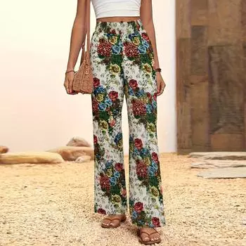 Повседневная Узкая Версия Высококлассные Прямые Брюки Эластичная Талия Слегка Расклешенные Драпировка Цветочный Высокая Посадка Женские Летние Тонкие Широкие Брюки L армия зеленый