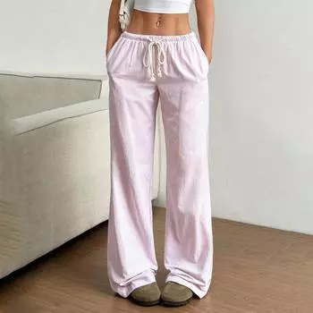 Повседневная Узкая Версия Высококлассные Прямые Брюки Эластичная Талия Слегка Расклешенные Драпировка Цветочный Высокая Посадка Женские Летние Тонкие Широкие Брюки L розовый