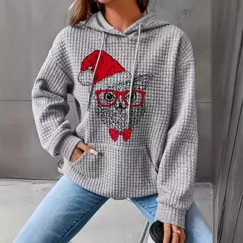 Повседневная вафельная толстовка с капюшоном для женщин с карманом, креативный принт с котом, пуловер, симпатичные толстовки с длинным рукавом и круглым вырезом, легкие праздничные топы S серый