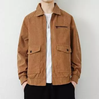 Повседневная вельветовая куртка Мужская куртка Весна, осень и зима Отворот модная одежда в гонконгском стиле Куртка для среднего возраста и молодежи Куртка M серый