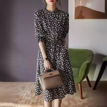 Повседневная весна и осень 2025 года, новое модное платье свободного покроя с цветочным принтом и грибным краем, на шнуровке, средней длины и длины, для женщин M