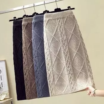 Повседневная вязаная юбка с жареным тестом, женская осенне-зимняя однотонная шерстяная юбка средней длины с высокой талией, женская юбка на бедрах One Size чёрный
