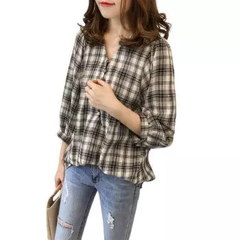 Повседневная женская 45355 с пышными рукавами и V-образным вырезом и пуговицами, свободная клетка L красный