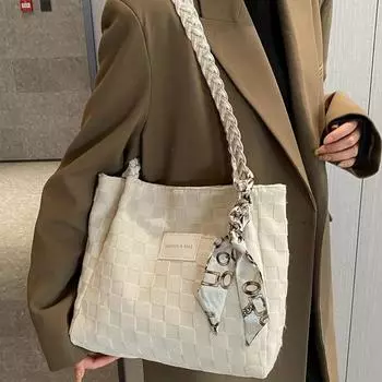 Повседневная женская большая сумка в клетку, однотонная универсальная сумка для пригородных поездок с декором из шарфа