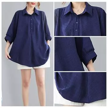 Повседневная женская длинная однотонная рубашка-туника на пуговицах из хлопка и льна, свободная рубашка с обычным вырезом и половиной рукавов, темная XXL темно-синий