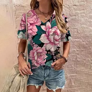 Повседневная женская футболка, модная легкая элегантная футболка для отдыха с цветочным узором, женская футболка с V-образным вырезом и короткими рукавами XXS