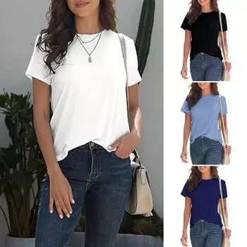 Повседневная женская футболка с круглым вырезом и коротким рукавом, приталенная футболка, однотонная эластичная футболка для отдыха M чёрный