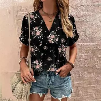 Повседневная женская футболка с принтом Crushed Flower 3D, уличная повседневная женская футболка, футболка с коротким рукавом и V-образным вырезом, женская мода, свободная одежда больших размеров S