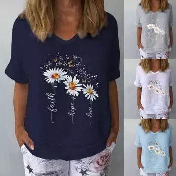 Повседневная женская футболка с V-образным вырезом, блузка с короткими рукавами и принтом Маргариты и бабочки, топ для 2XL белый