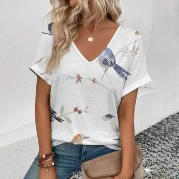 Повседневная женская футболка с V-образным вырезом, модная легкая уличная элегантная футболка для отдыха, женская футболка с V-образным вырезом и принтом в виде цветка S
