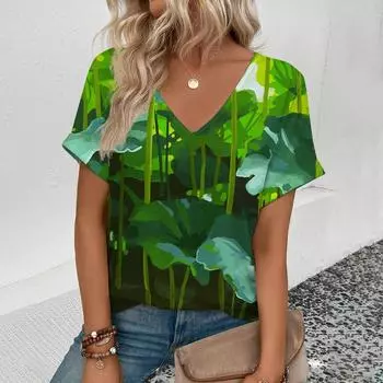 Повседневная женская футболка с V-образным вырезом, модная легкая уличная летняя элегантная футболка для отдыха, женская футболка с V-образным вырезом и принтом лотоса S