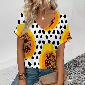 Повседневная женская футболка с v-образным вырезом, модная легкая уличная элегантная футболка для отдыха, женская футболка с фруктовым принтом и v-образным вырезом M