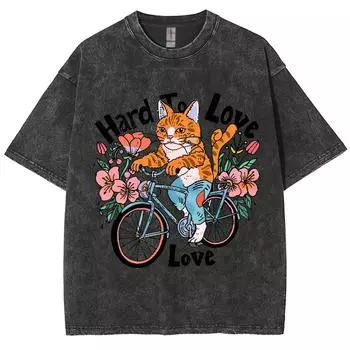 Повседневная женская хлопковая футболка с эффектом стирки, летняя, с принтом кошек, катающихся на велосипедах, уличные топы оверсайз, модная одежда с круглым вырезом S