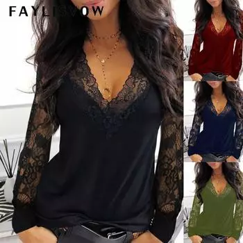 Повседневная женская кружевная футболка с v-образным вырезом и длинным рукавом, весенне-зимняя одежда, сексуальная однотонная черная футболка, офисный женский топ 5XL белый