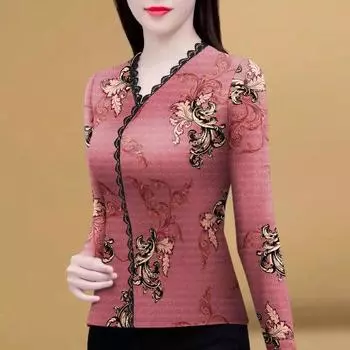 Повседневная женская кружевная тонкая футболка с v-образным вырезом, осенняя мода, пуловер с длинными рукавами и принтом в стиле пэчворк, тонкий пуловер S бежевый